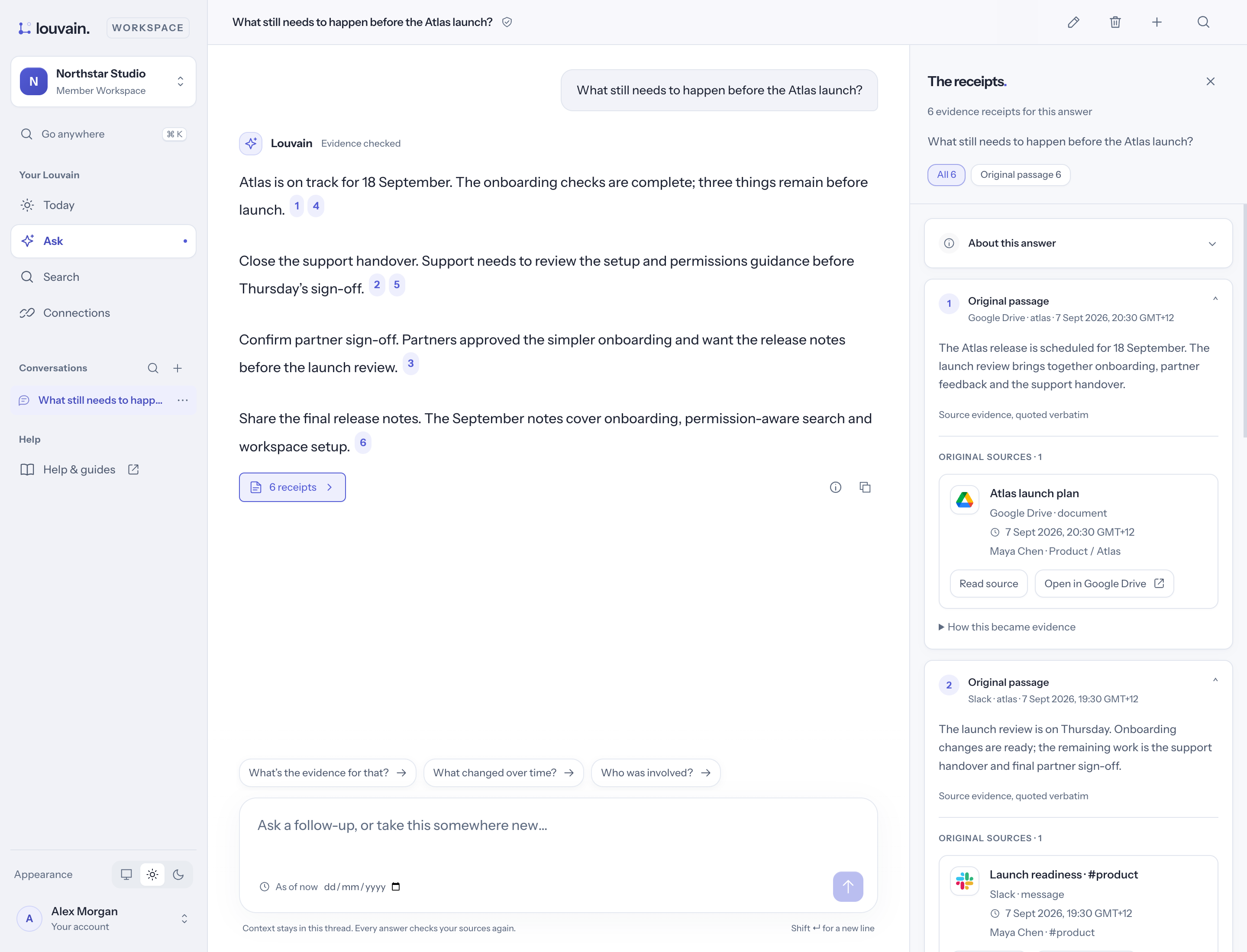 An answer in Ask, with its sources open beside it (sample data)